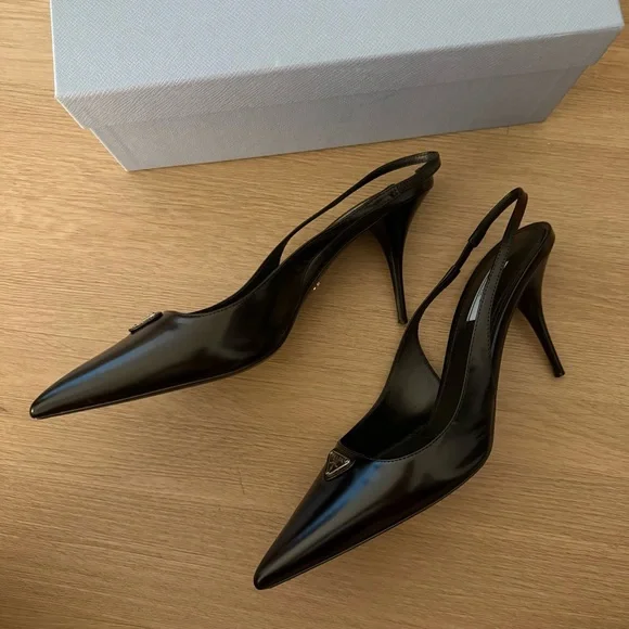 Prada Black Leather Slingback Stiletto Heels Size 40 - Picture 3 of 10